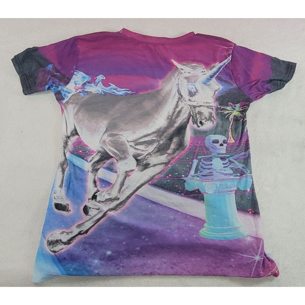 Vaporwave Blue Purple Unicorn All Over Print AOP Graphic T-Shirt Tee Small S